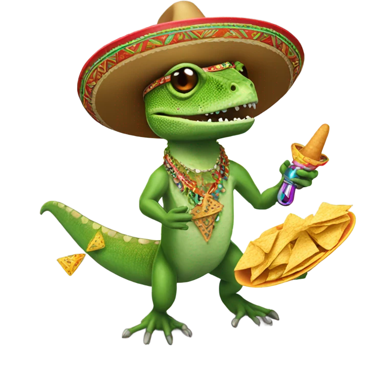 A lizard in a sombrero holding maracas wearing a nacho necklace  emoji