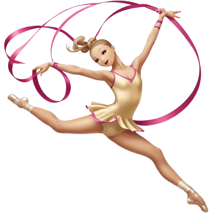 A graceful rhythmic gymnast performing with a flowing ribbon, executing an elegant leap mid-air. The pose exudes flexibility, balance, and artistry. The background suggests a competition arena with soft lighting, emphasizing movement, precision, and the beauty of the sport. emoji