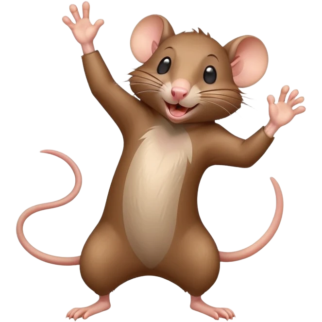 Energetic rat in mid-dance pose with one paw up and joyful expression emoji