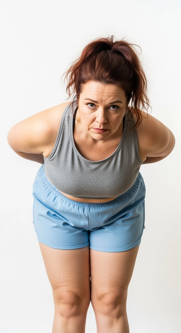 donna con cellulite in gym short leggermente piegata in avanti, con espressione dispiaciuta in volto isolata su sfondo bianco emoji