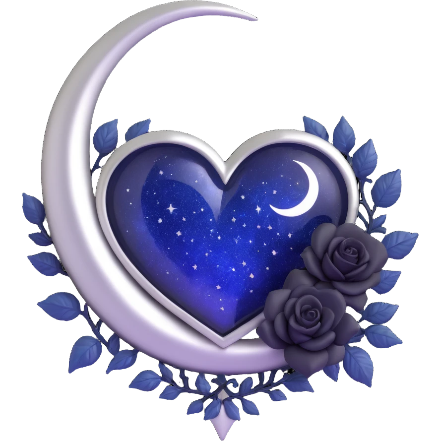 gothic heart, midnight blue glass texture, silver crescent moon, tiny black roses, mysterious and rich style, shimmering stardust emoji