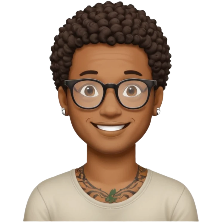 Black man, short curly hair, black glasses, small neck tattoo, smiling, artistic and adventurous vibes emoji