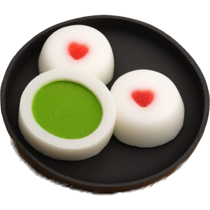 round shape mochi with white skin and matcha with strawberry inside. Cut in half so the inside can be seen emoji