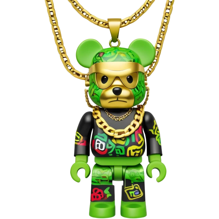 classic bearbrick figure with lime green mask covered in chaotic brand logos, wearing several large gold chains, gold pendant, rapper style accessories, expressive eyebrows emoji