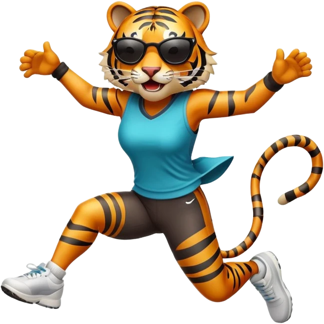 female energetic anthropomorphised tiger in sports clothes, wearing dark sunglasses, jumping with excitement emoji