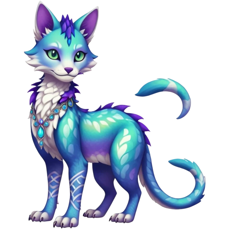 Kawaii iridescent beautiful pretty elegant divine edgy fantasy feline-vernid-sergal-fursona-animal-creature with accessories, full body, with intricate detailed markings emoji