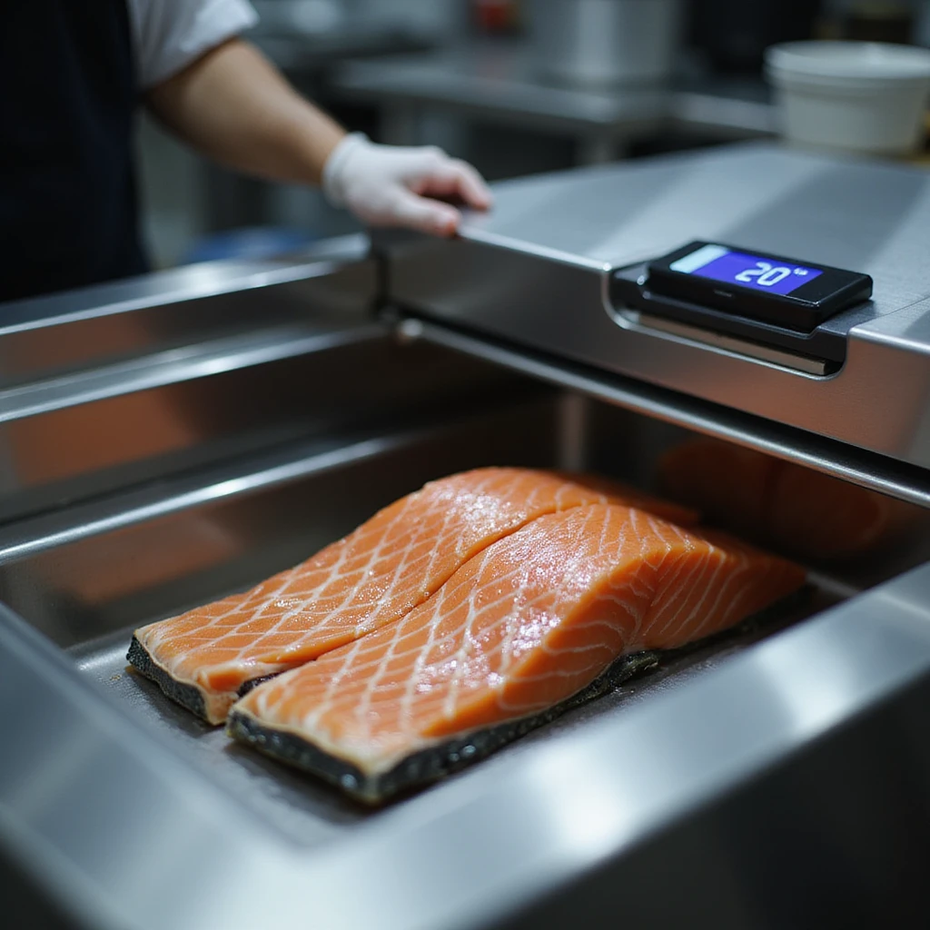 close-up of whole salmon being placed into a professional blast chiller, digital display showing -20°C, professional kitchen environment, realistic 4K style emoji