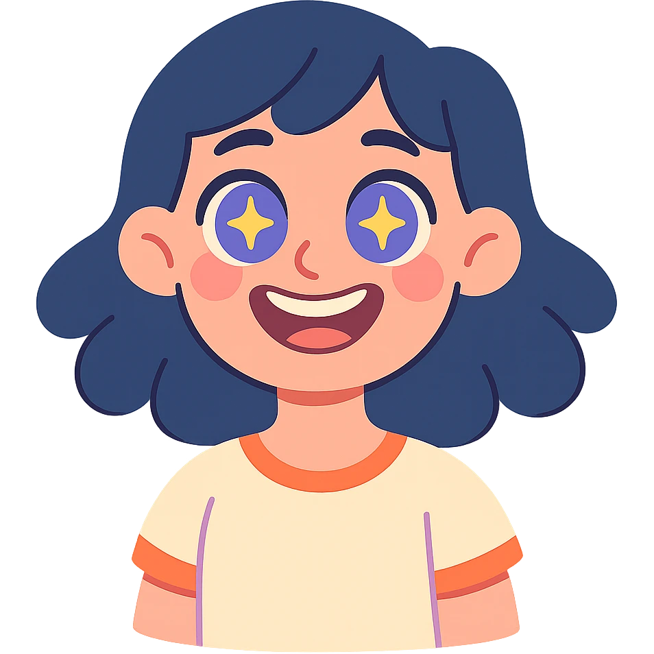 girl with dark blue hair, stars in her eyes, violet-blue eyes, beautiful smile emoji