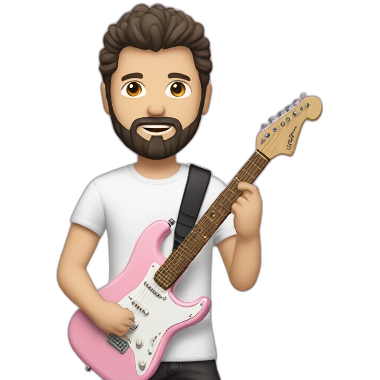 white man with dark beard and black t shirt and pastel pink stratocaster electric guitar emoji