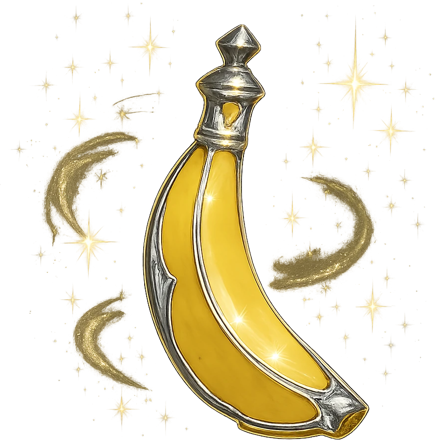 prabangus eliksyro buteliukas, banano forma, banano geltonumo spalva, sidabrinės ir holografinės detalės, maksimaliai daug magiškų efektų, labai mažas kaklelis, vientisas dugnas, skaidrus fonas, buteliukas plūduriuoja ore, be pagrindo ar šešėlio, modernus, kolekcijai tinkamas emoji