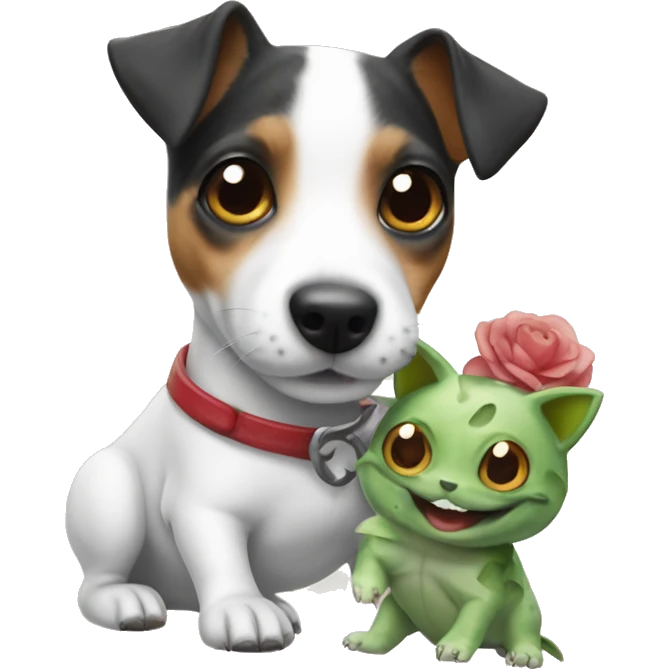 Jack russell terrier with a doll bulbasaur  emoji