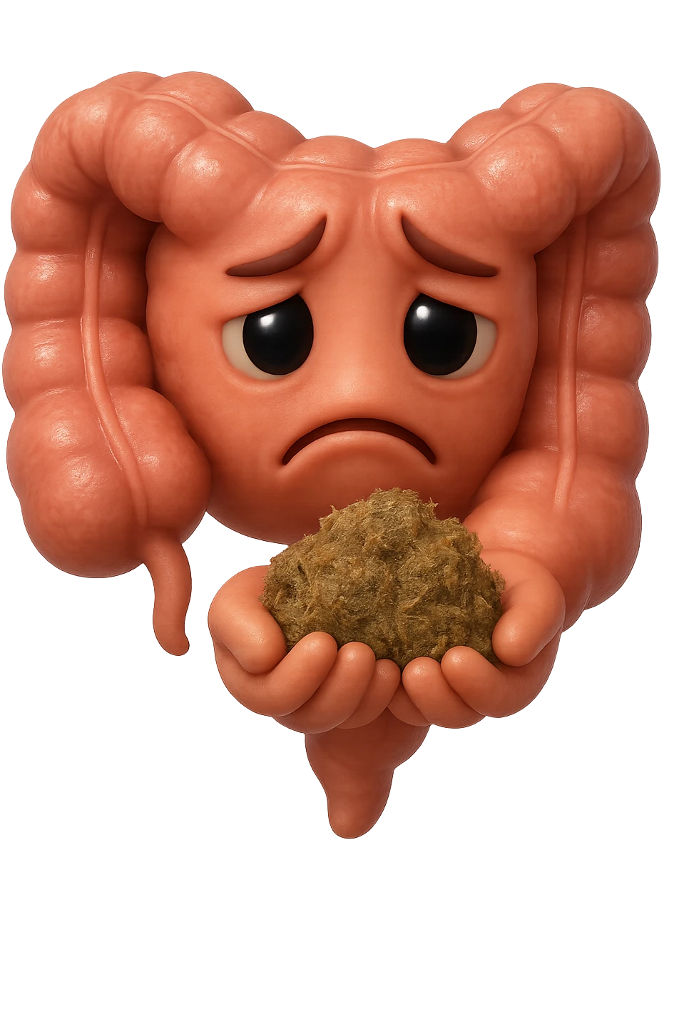 EMOJI STILE IPHONE 3D DI un intestino con espressione triste mentre tiene in mano delle fibre fermentate a poltiglia, FALLO MOLTO REALISTICO IN 3D emoji