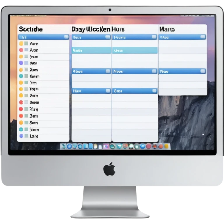 front-facing iMac showing a day schedule with vertical hours (9am, 10am, 11am) and horizontal client slots, some slots clearly booked emoji