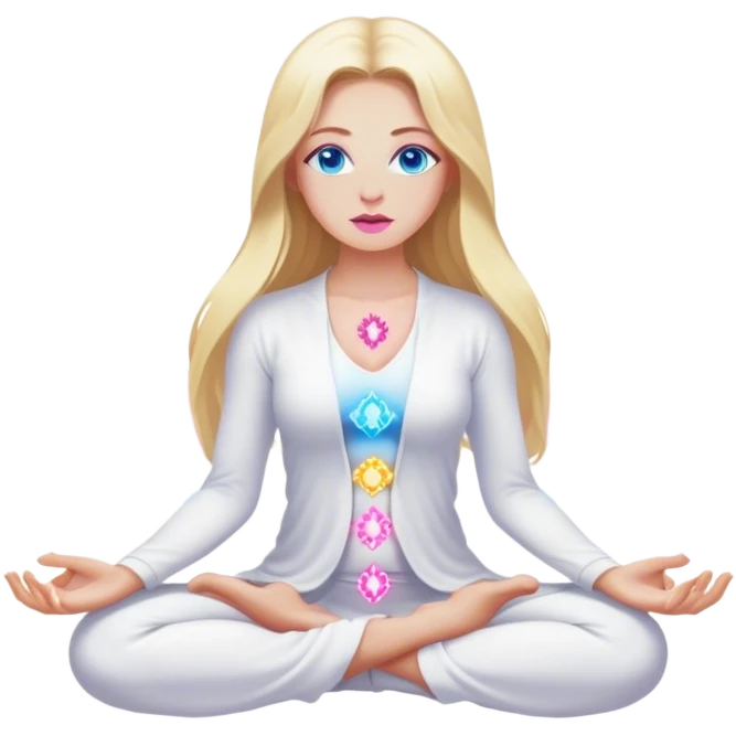 A cinematic realistic blonde with long hair, blue eyes, pink lips in white clothes meditates, her chakras glow emoji