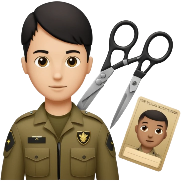 Floating black Scissors cutting in half an idf soldier ID card with a little chip in 2 parts .hyper realistic emoji