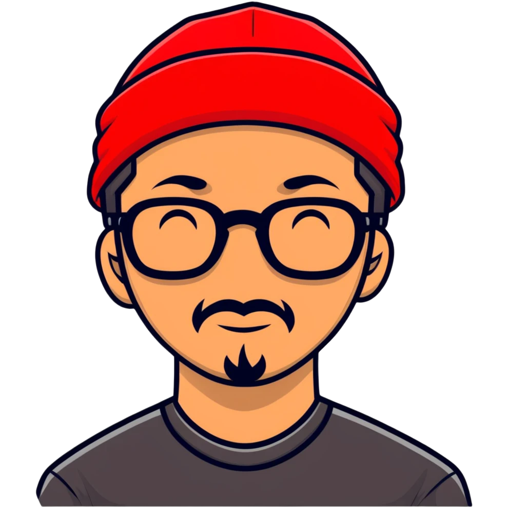 Asian man with black goatee, glasses, wearing a small red beanie emoji
