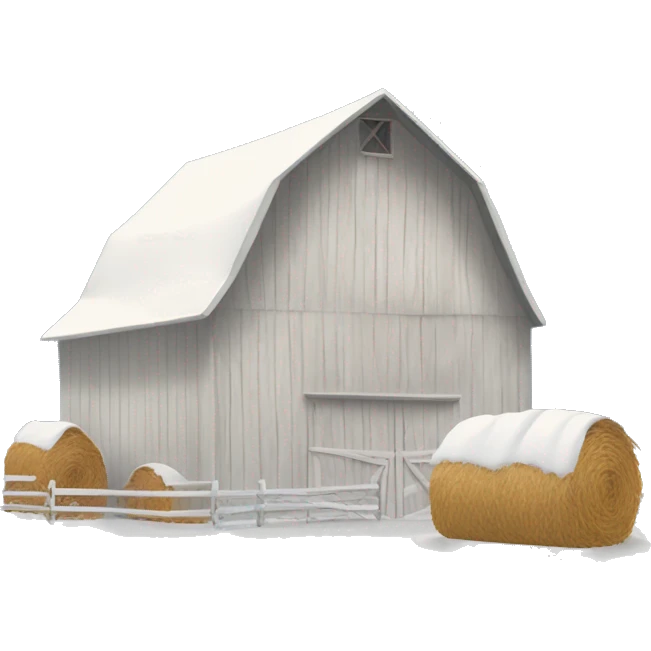 White barn with haystacks and snow on ground emoji