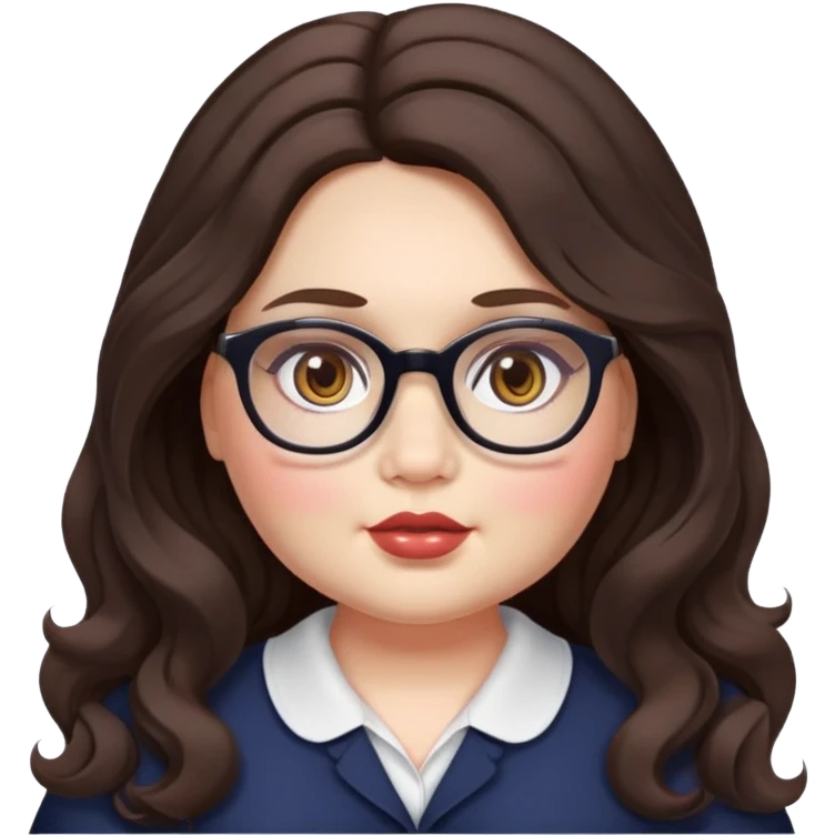  woman, long dark brown wavy hair, very light fair skin, hazel eyes, glasses, very chubby, doll style face,  emoji