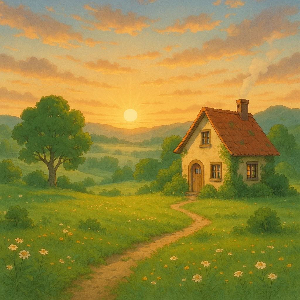 dream life as a peaceful landscape with a cozy house, sunrise, and nature, in ghibli style emoji
