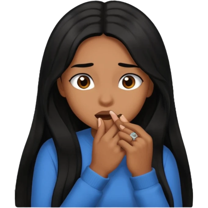 biting nails in flirtatious and shy way, brown skin, long black hair emoji