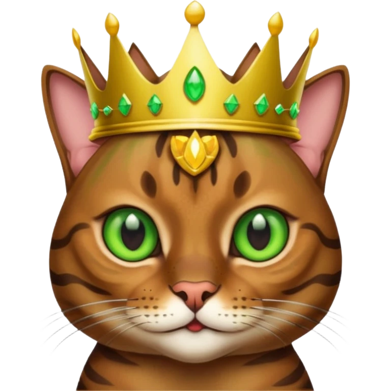 dark brown bengal cat with crown with green eyes emoji