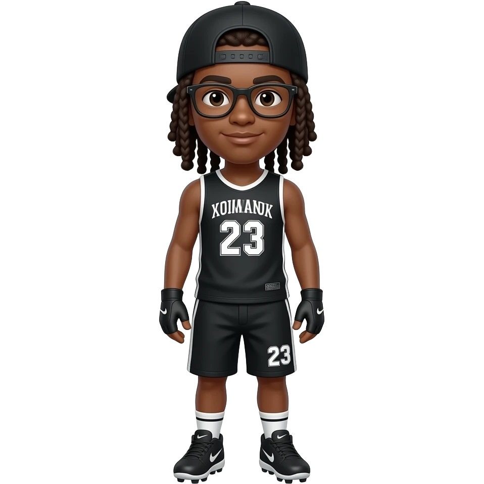 Brown skin teenager boy with glasses on with black cap with black tank top number 23 black shorts number 23 black gloves Nike cleats long braids emoji