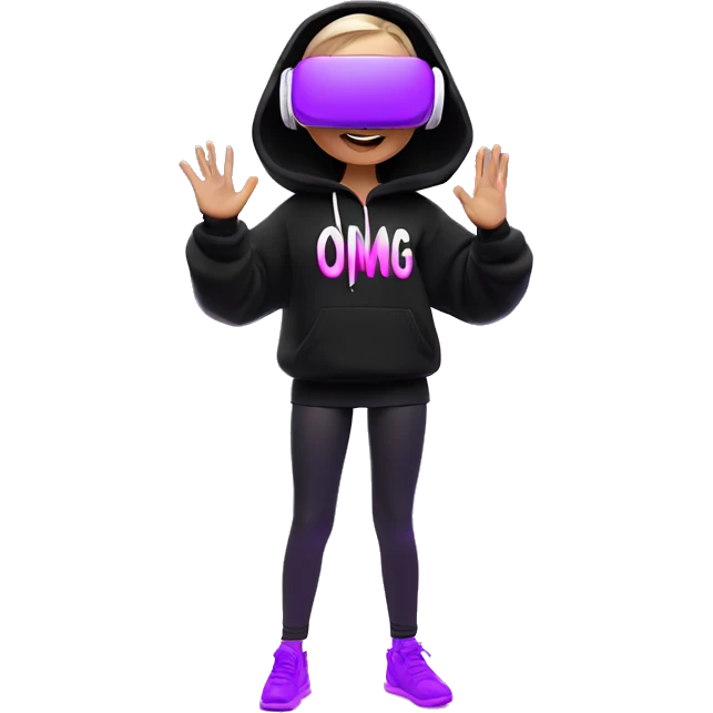Russian girl wearing black hoody with violet letters "OMG", in vr headset oculus quest2. Dancing. Cyberpunk style. Violet neon. emoji