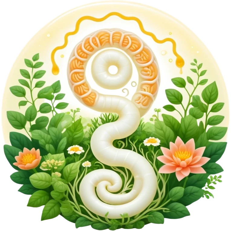Magical garden with yogurt, kimchi, and kombucha appearing as glowing plants. A spiral intestine forms the center path, with golden beneficial bacteria floating like pollen and light seeds. The scene has an ethereal, dreamy quality representing the inner ecosystem. emoji