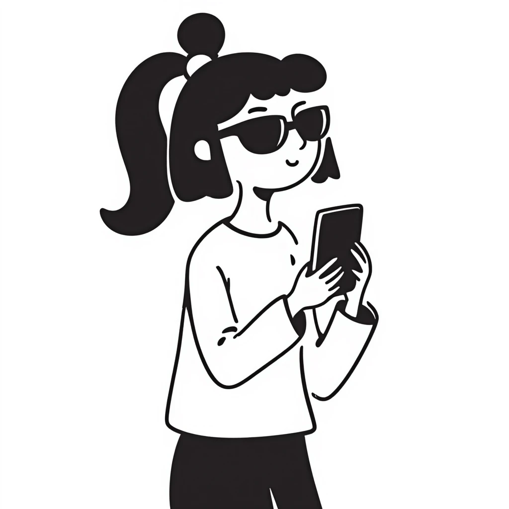 Girl with huge lips, sunglasses, bow on her hair, holding a phone with attitude emoji