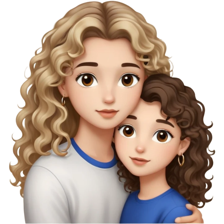cute girl (long brunette balayage curly/wavy not voluminous hair, brown eyes, hoop earrings, natural pretty clean makeup): kissing on the cheek a cute boy (blondish SUPER STRAIGHT hair and brown eyes and a cute face) emoji