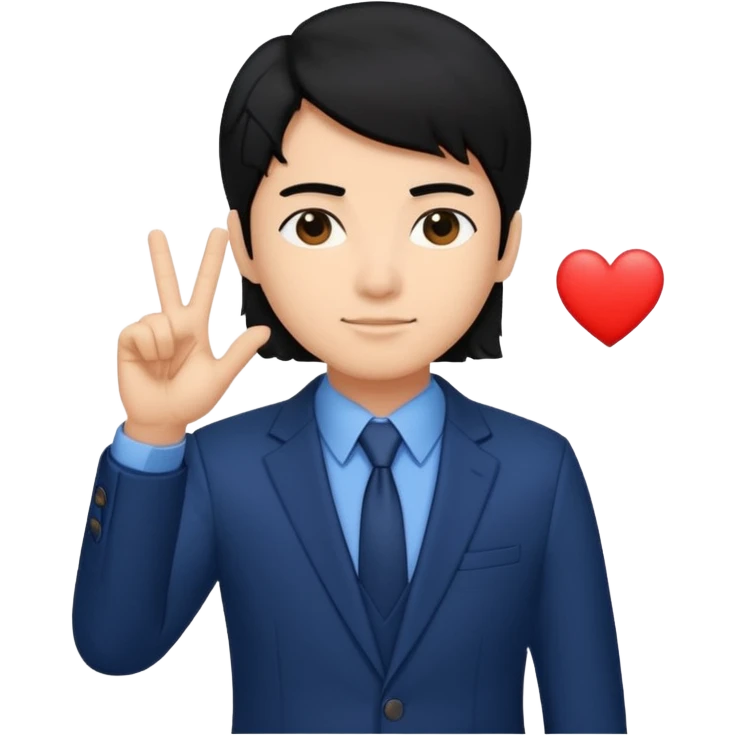 Copy this photo, the face like the same with finger heart 🫰🏻 and dark blue suit , the hair color is black emoji