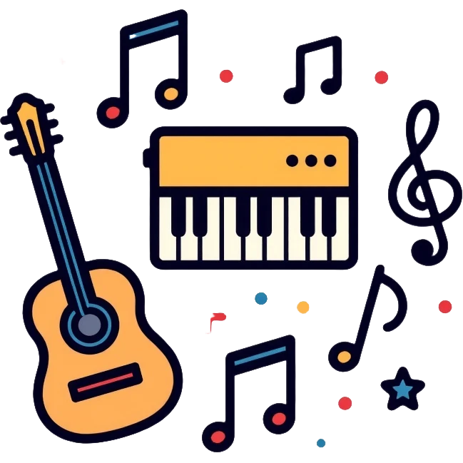 music icons with piano, guitar, and musical notes emoji