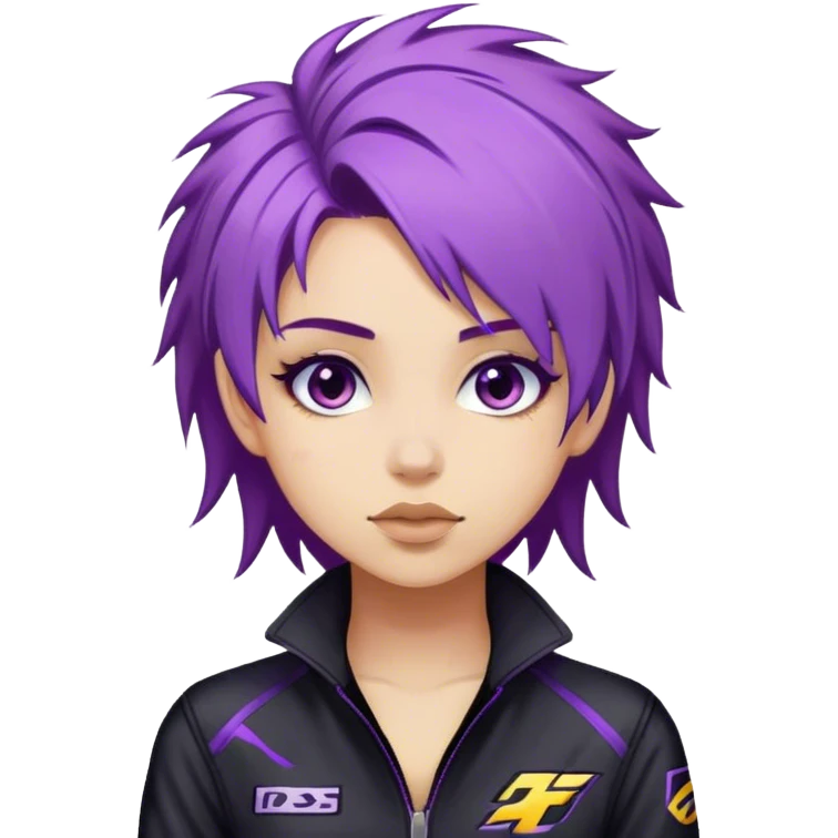 A street racer girl with messy purple hair, black jumpsuit, emoji
