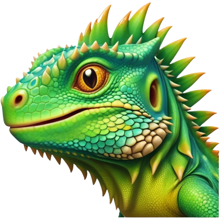 Cinematic Cute Iguana Portrait Emoji, Head tilted playfully and inquisitively, featuring a delightfully vibrant, textured body with a subtle spiky crest and large, sparkling eyes full of gentle wonder, Simplified yet irresistibly adorable features, highly detailed, glowing with a warm, inviting jungle glow, high shine, affectionate and lively, stylized with a touch of whimsical reptilian charm, soft glowing outline, capturing the essence of a mischievous yet loving iguana that seems as if it could scurry out of the screen into your arms! emoji