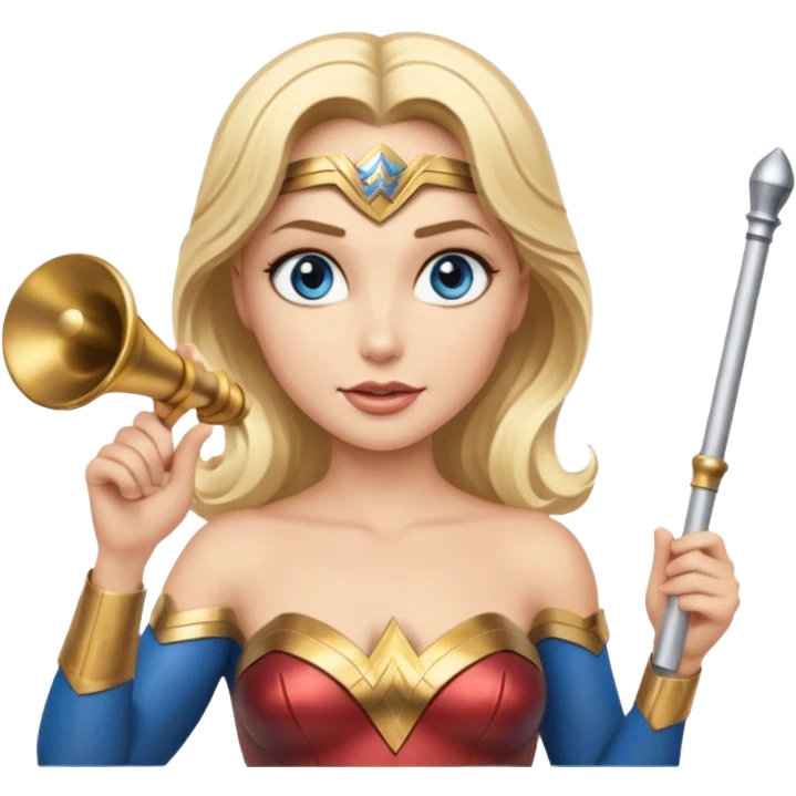 Blonde blue eyed Wonder Woman holding white orchestra conductor’s baton and bell  emoji