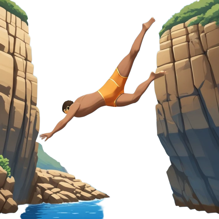 A diver mid-air, diving from a rocky cliff into the sparkling blue ocean below. The background shows a dramatic cliffside and clear sky, capturing the daring and exhilarating nature of cliff diving, with the water below ready to embrace the plunge. emoji