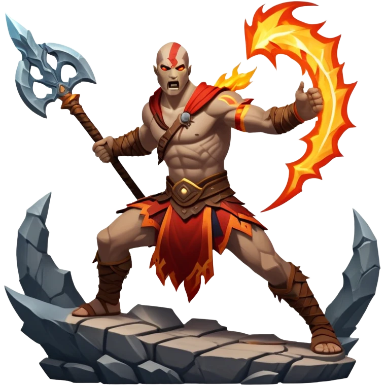 An icon showing a powerful warrior wielding a weapon, ready for battle, inspired by God of War: Ragnarok. The design features a fiery, war-torn landscape with broken statues and lightning in the sky, symbolizing epic combat. Transparent background highlights the action. emoji