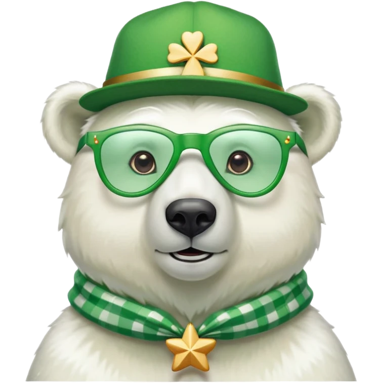 head and shoulders of a friendly anthropomorphised polar bear wearing oversized colorful star glasses, green hat, shamrock accessories, festive shirt emoji