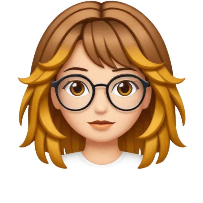 Uma garota de cabelos cacheados com mechas loiras, com pele morena clara e óculos emoji