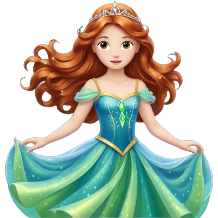 Aurora princess, twirling, magical sparkles, long hair emoji