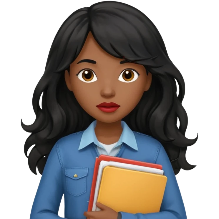 A young woman with long black hair, a wavy frange falling on half of her head. She's black, medium to dark skinned with thick lips. She's holding folders, because she's a CEO, but she's wearing casual clothes. emoji