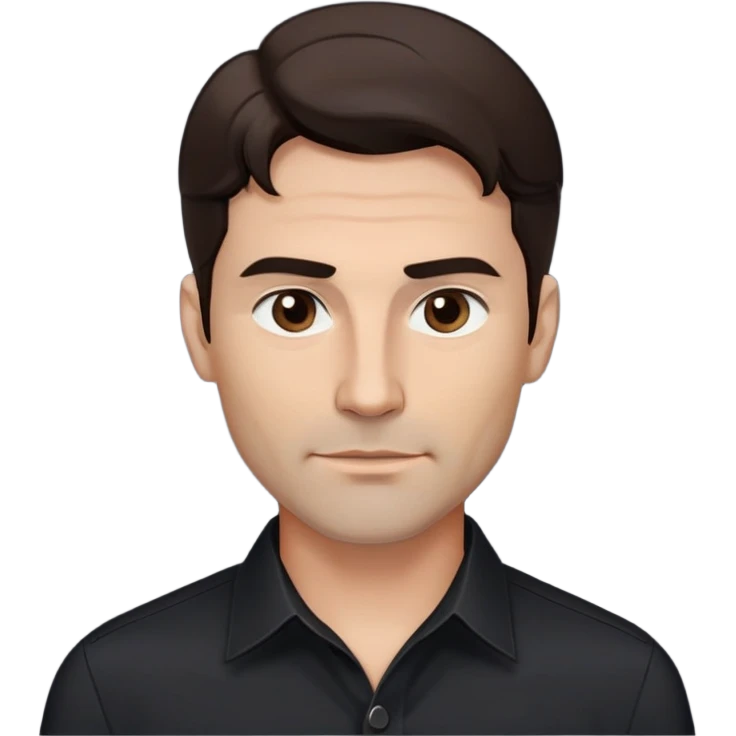 Fit good-looking 40-year-old with young appearance, light brown complexion, elongated face, fine jawline, intense dark eyes, medium eyebrows, straight nose, attractive confident expression, medium wavy dark hair with modern styling, wearing a crisp black button-down shirt emoji