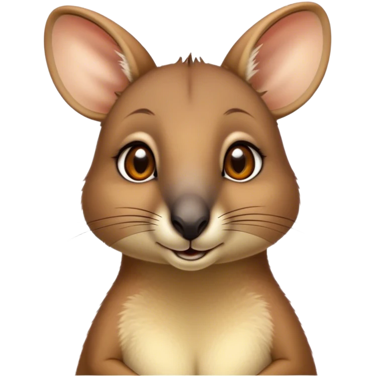 Cinematic Cute Wallaby Portrait Emoji, Head tilted playfully and inquisitively, featuring a glossy tan fur with delicate brown accents and a charming, alert expression, round, sparkling eyes filled with gentle curiosity, Simplified yet irresistibly adorable features, highly detailed, glowing with a warm, friendly glow, high shine, affectionate and bouncy, stylized with a touch of outback whimsy, bright and endearing, soft glowing outline, capturing the essence of a mischievous yet loving wallaby, so playful it feels like it could skip out of the screen into your arms! emoji