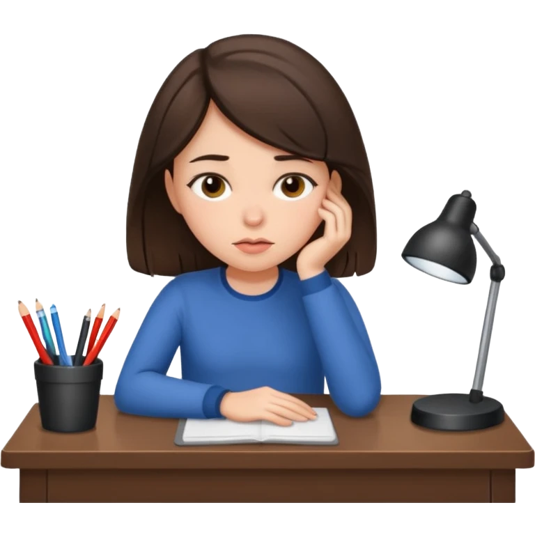 Brunette girl tired at desk emoji