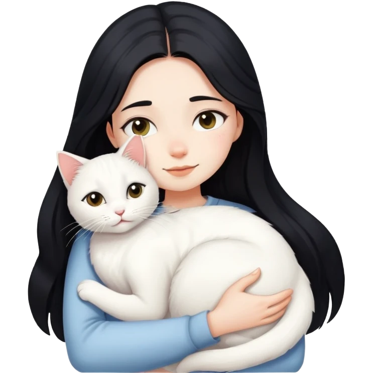 Long black-haired girl hugging a white cat emoji