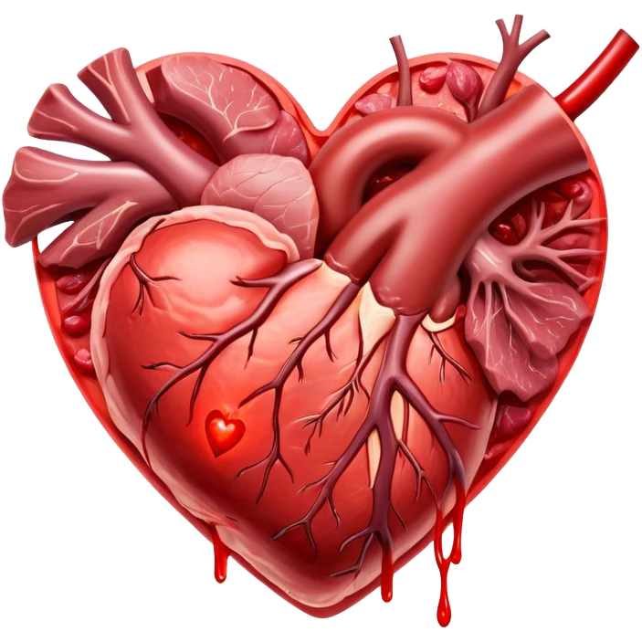 Glowing pieces of red meat and liver floating around a bright red heart and shining blood cells. Red energy streams connect the meats to the blood and heart, showing how heme iron creates vitality and supports circulation throughout the body. emoji