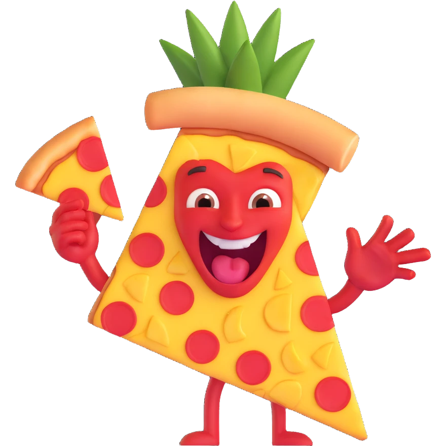 slice of pizza with pineapple chunks, devil horns, cheeky expression emoji