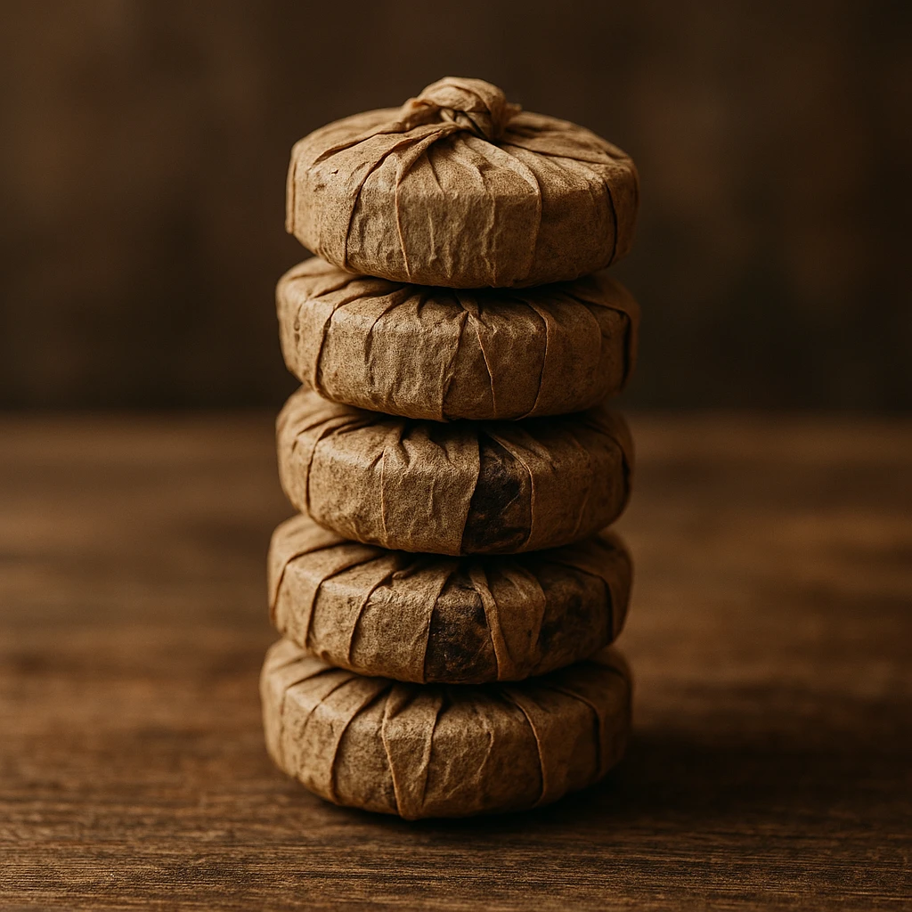 a stack of small pu-erh tea cakes, rustic and artisanal emoji