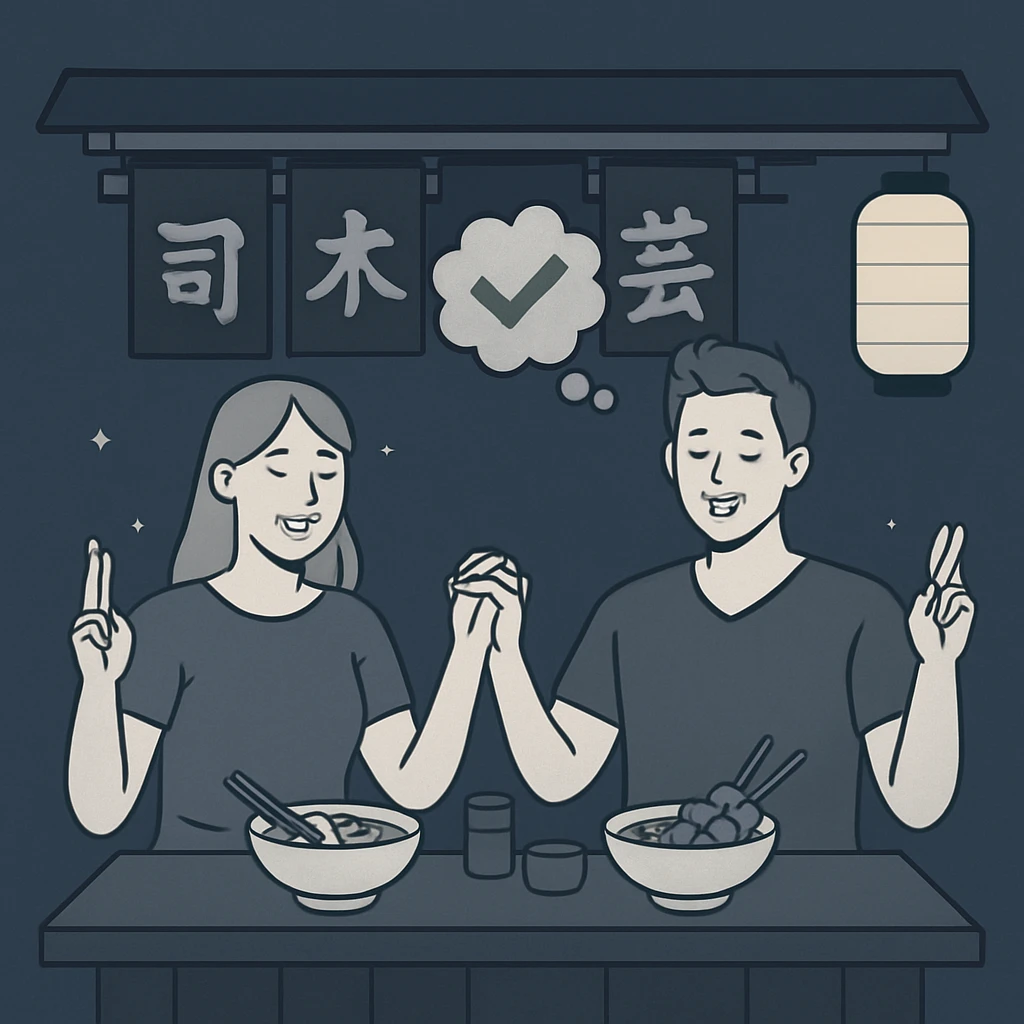 Evening scene of two people dining at a Japanese street food stall with noren curtains, soft minimal lighting, and simplified food elements emoji