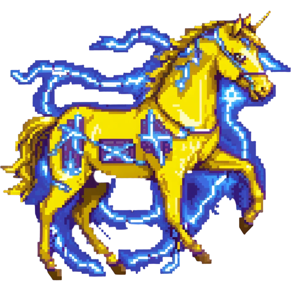 yellow fast electric horse made of electricity, bolts, visible yellow wires, lightning, blue electricity details, galloping emoji